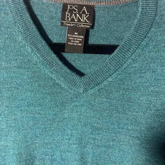 Jos. A. Bank M Teal V-Neck Merino Wool Sweater Washable - Picture 4 of 7